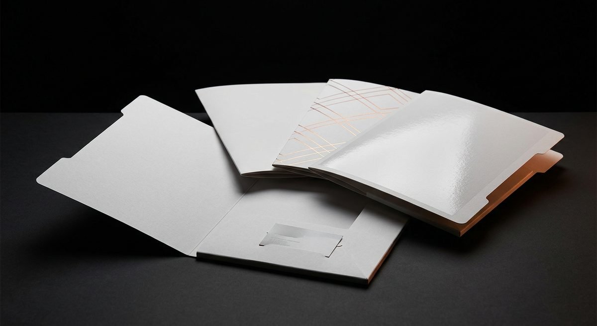 Presentation Folders — Die-cut folders with business card slits.