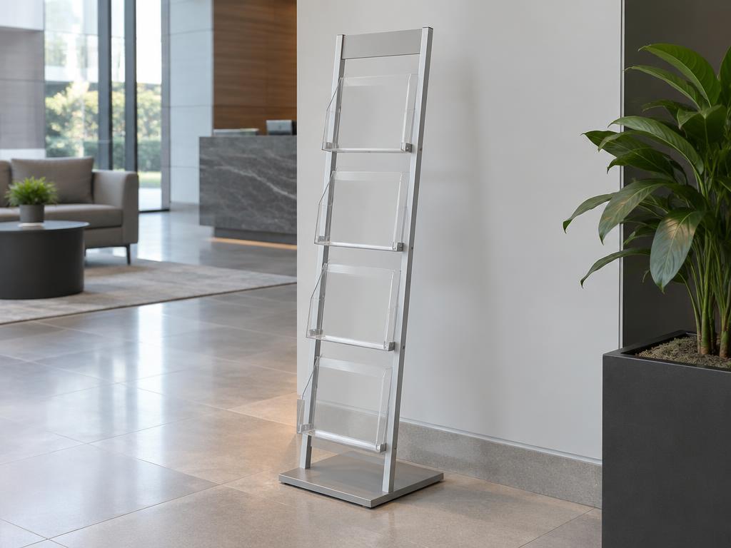 Brochure Stands — Brochure Stands in Dubai — portable literature stand holding A4 and DL brochures neatly at exhibitions and receptions.