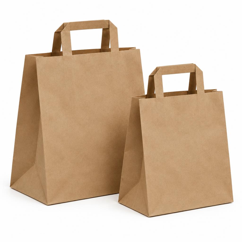 Kraft Takeaway Bags — Kraft Takeaway Bags branded to your artwork — 350gsm folding box board options, matt / gloss lamination and full colour matching, produced in Dubai.