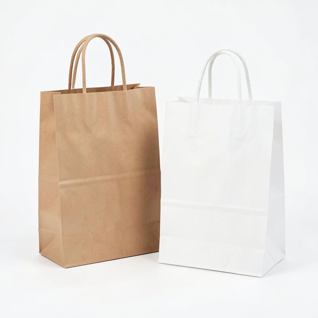 Printed Paper Bags — Kraft and art-card bags with rope or ribbon handles.