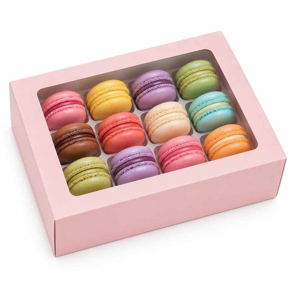 Pastry Macaron Boxes — Pastry Macaron Boxes branded to your artwork — 350gsm folding box board options, matt / gloss lamination and full colour matching, produced in Dubai.