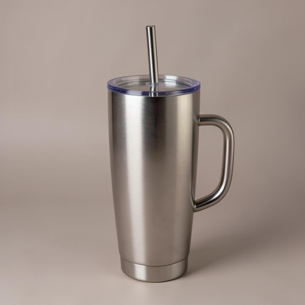 Steel Tumbler With Handle — Large insulated tumbler with handle and straw.