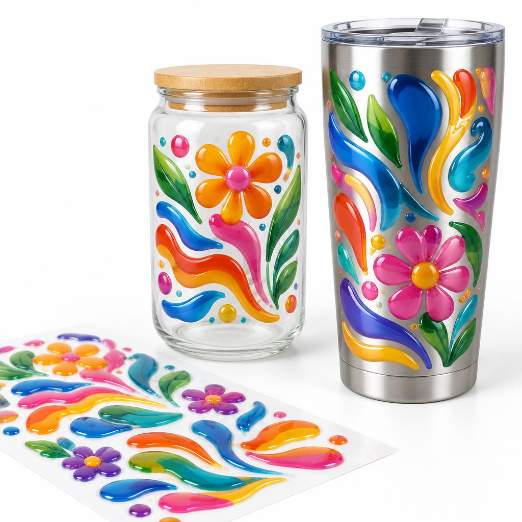 UV DTF Stickers — UV DTF Stickers branded to your artwork — self-adhesive paper options, matt or gloss lamination and full colour matching, produced in Dubai.